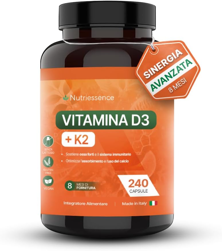 Vitamina D3 + K2 All-Trans MK-7 |Extra Dosaggio 60.000 UI Mensili | 240 Capsule | Maxi Scorta 8 Mesi | Alto Dosaggio | Supporto per Ossa, Articolazioni e Sistema Immunitario | Senza Glutine