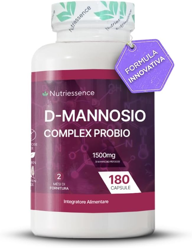 D-Mannosio Puro 100% |180 capsule | Candida,Infezioni Urinarie e Cistiti Ricorrenti | Fino a 1500 mg per Dose Giornaliera Consigliata | Integratore Cistite con Probiotici |Senza Glutine e Lattosio