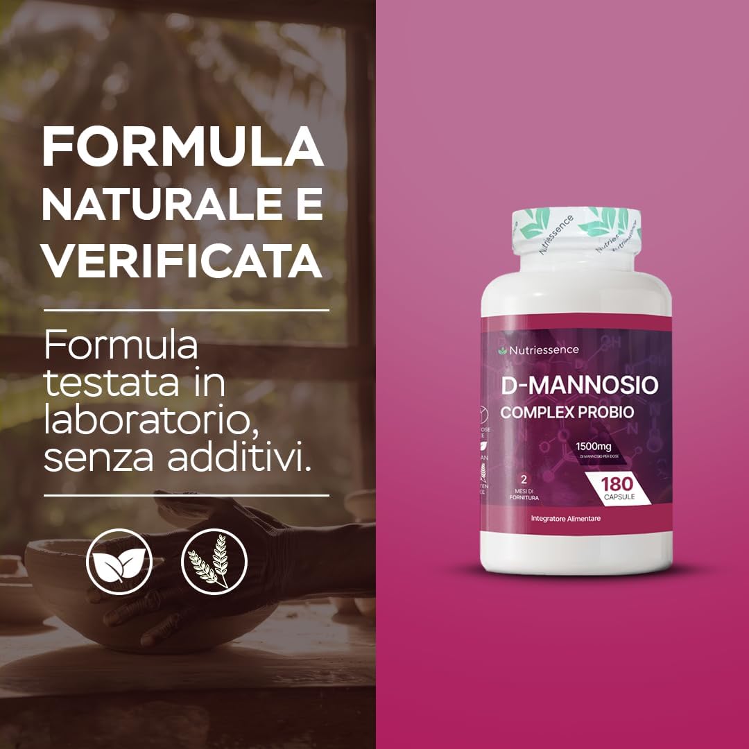 D-Mannosio Puro 100% |180 capsule | Candida,Infezioni Urinarie e Cistiti Ricorrenti | Fino a 1500 mg per Dose Giornaliera Consigliata | Integratore Cistite con Probiotici |Senza Glutine e Lattosio