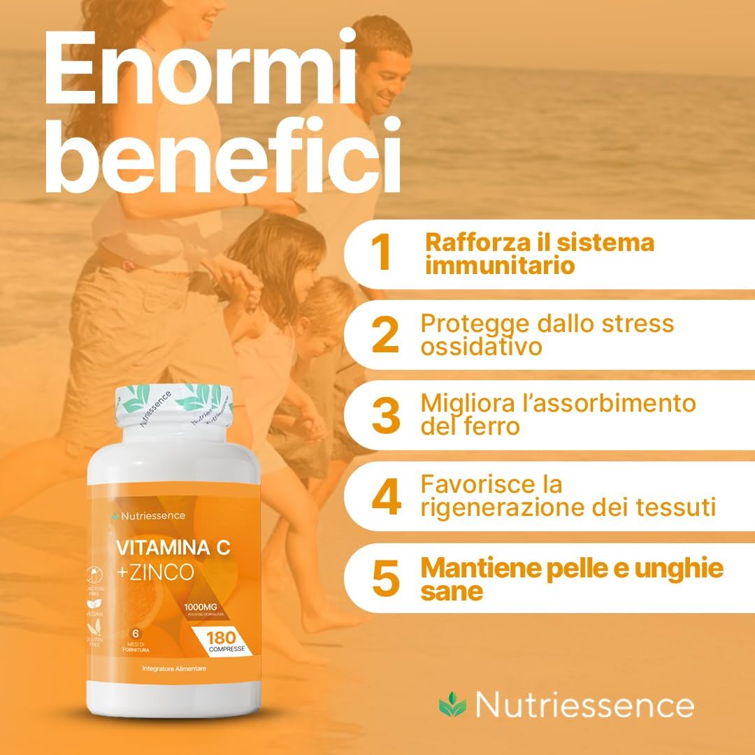 Vitamina C Pura 1000 mg Dosaggio Extra Forte con Zinco|Maxi Scorta 180 Compresse Gastroprotette|6 Mesi di Fornitura|Integratore Difese Immunitarie|Supporto Immunitario Naturale|Senza Glutine Lattosio