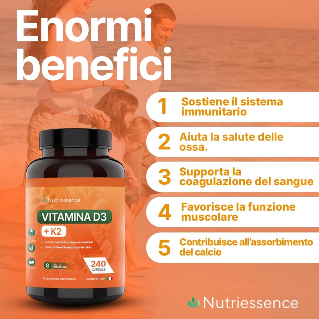 Vitamina D3 + K2 All-Trans MK-7 |Extra Dosaggio 60.000 UI Mensili | 240 Capsule | Maxi Scorta 8 Mesi | Alto Dosaggio | Supporto per Ossa, Articolazioni e Sistema Immunitario | Senza Glutine