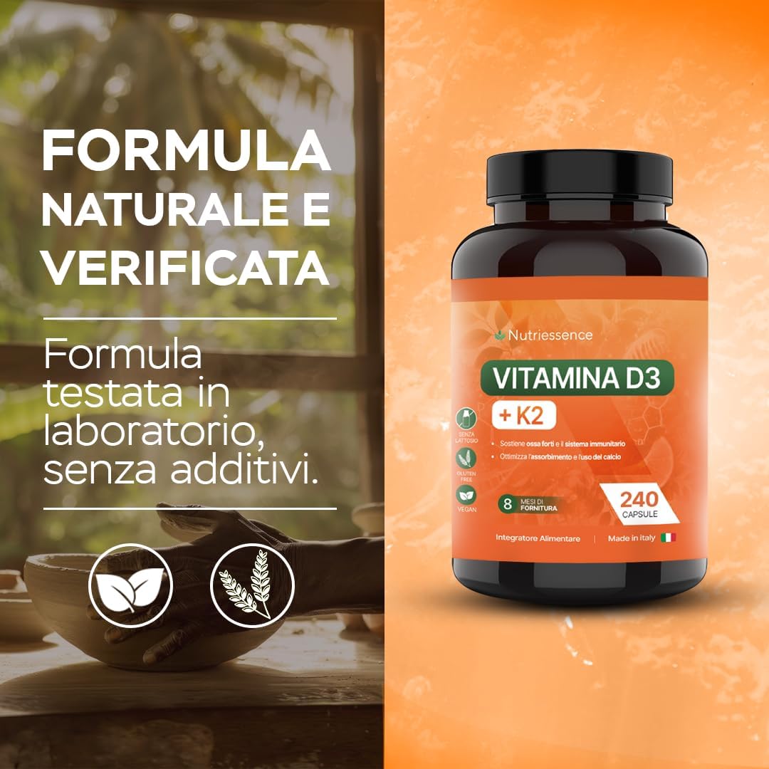 Vitamina D3 + K2 All-Trans MK-7 |Extra Dosaggio 60.000 UI Mensili | 240 Capsule | Maxi Scorta 8 Mesi | Alto Dosaggio | Supporto per Ossa, Articolazioni e Sistema Immunitario | Senza Glutine