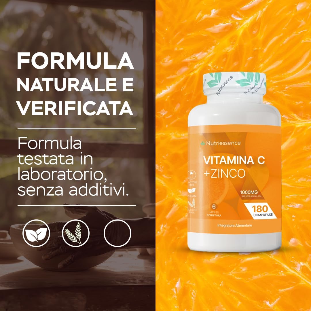 Vitamina C Pura 1000 mg Dosaggio Extra Forte con Zinco|Maxi Scorta 180 Compresse Gastroprotette|6 Mesi di Fornitura|Integratore Difese Immunitarie|Supporto Immunitario Naturale|Senza Glutine Lattosio