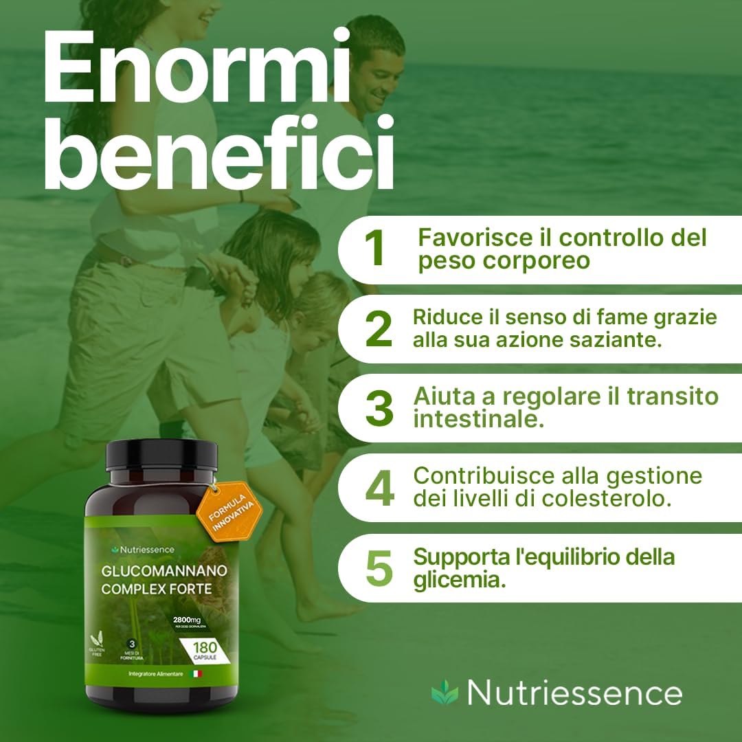 Glucomannano Puro Dosaggio Extra Forte 2800 mg |Maxi scorta 180 capsule gastroprotette|3 mesi di fornitura,Rimedio Naturale italiano|Fibra Saziante drenante .Senza Glutine e Lattosio