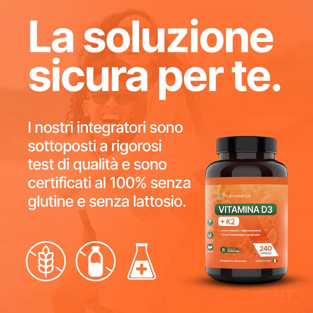 Vitamina D3 + K2 All-Trans MK-7 |Extra Dosaggio 60.000 UI Mensili | 240 Capsule | Maxi Scorta 8 Mesi | Alto Dosaggio | Supporto per Ossa, Articolazioni e Sistema Immunitario | Senza Glutine
