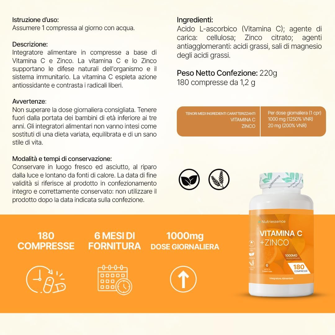 Vitamina C Pura 1000 mg Dosaggio Extra Forte con Zinco|Maxi Scorta 180 Compresse Gastroprotette|6 Mesi di Fornitura|Integratore Difese Immunitarie|Supporto Immunitario Naturale|Senza Glutine Lattosio