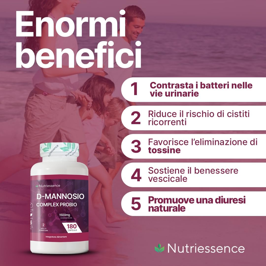 D-Mannosio Puro 100% |180 capsule | Candida,Infezioni Urinarie e Cistiti Ricorrenti | Fino a 1500 mg per Dose Giornaliera Consigliata | Integratore Cistite con Probiotici |Senza Glutine e Lattosio
