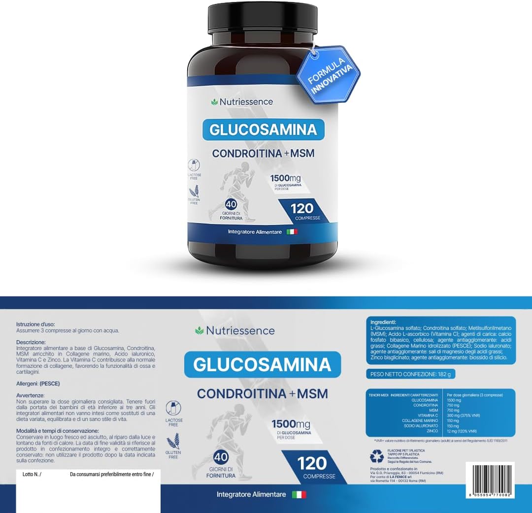 Glucosamina + Condroitina + MSM con Vitamina C, Acido Ialuronico, Collagene e Zinco|Dosaggio Extra Forte|120 Compresse Maxi Scorta|Supporto Articolazioni,Cartilagini e Ossa|Senza Glutine e Lattosio