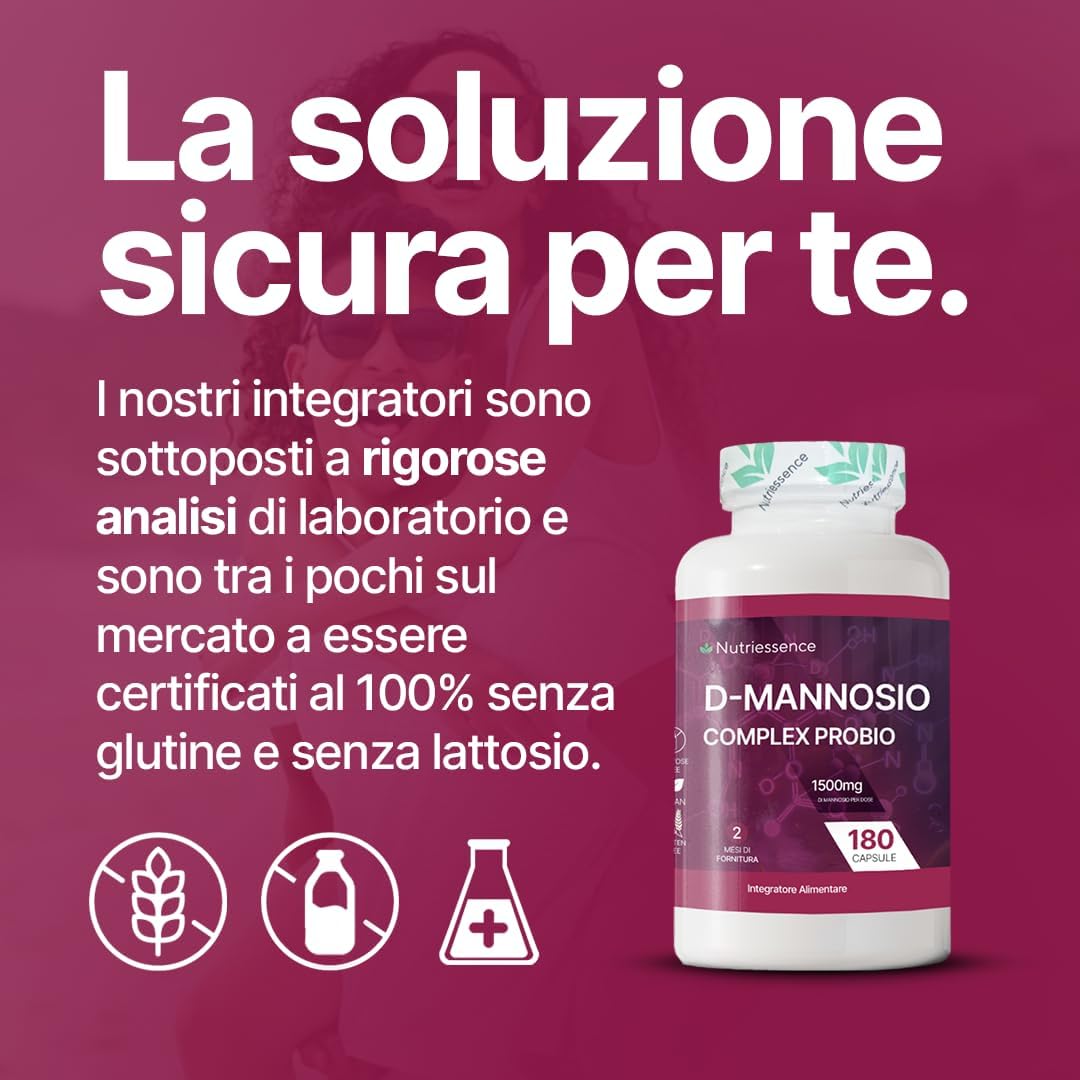 D-Mannosio Puro 100% |180 capsule | Candida,Infezioni Urinarie e Cistiti Ricorrenti | Fino a 1500 mg per Dose Giornaliera Consigliata | Integratore Cistite con Probiotici |Senza Glutine e Lattosio