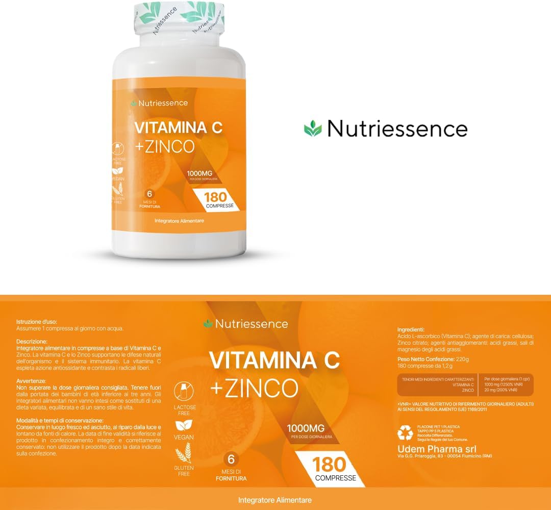 Vitamina C Pura 1000 mg Dosaggio Extra Forte con Zinco|Maxi Scorta 180 Compresse Gastroprotette|6 Mesi di Fornitura|Integratore Difese Immunitarie|Supporto Immunitario Naturale|Senza Glutine Lattosio