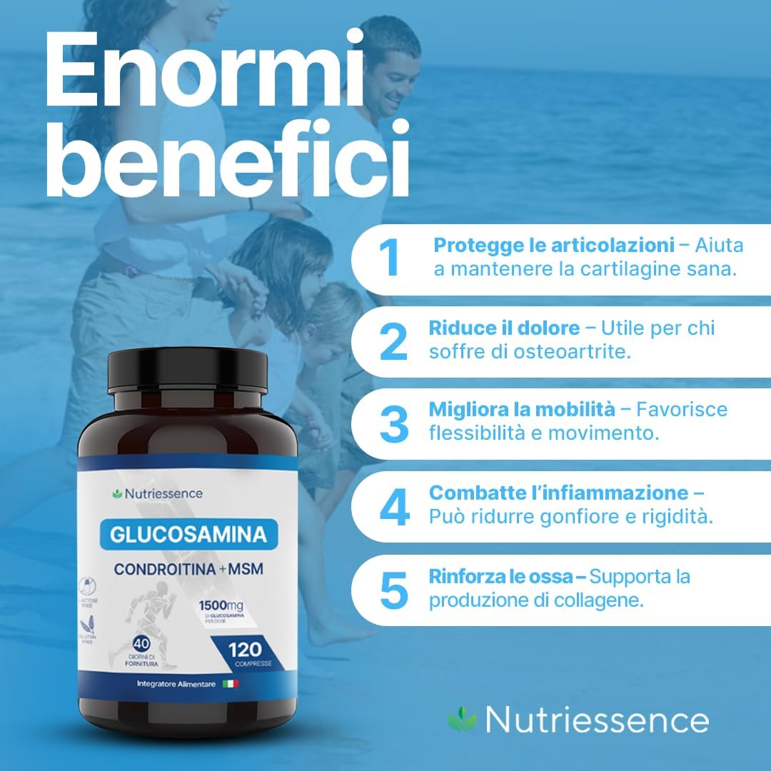 Glucosamina + Condroitina + MSM con Vitamina C, Acido Ialuronico, Collagene e Zinco|Dosaggio Extra Forte|120 Compresse Maxi Scorta|Supporto Articolazioni,Cartilagini e Ossa|Senza Glutine e Lattosio