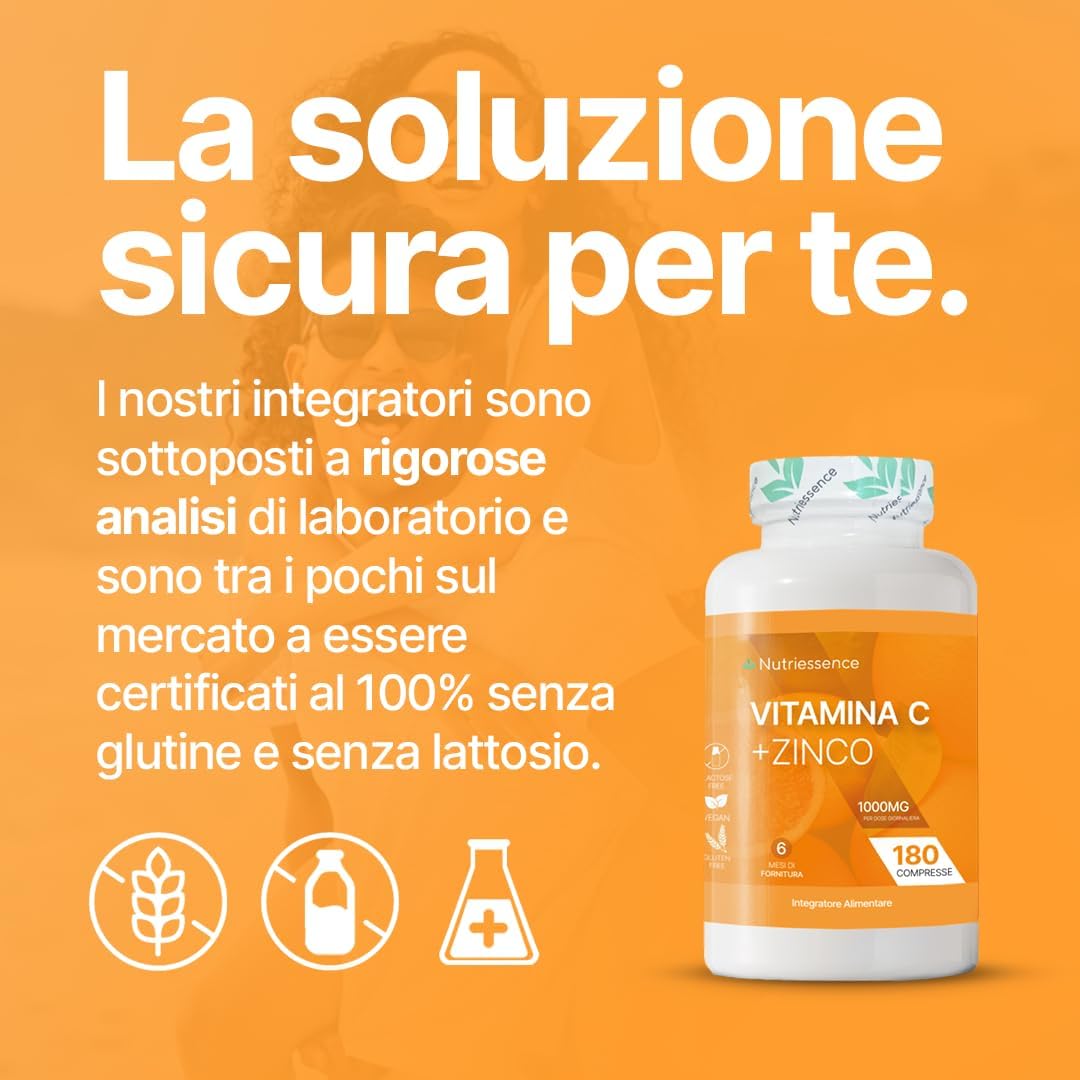 Vitamina C Pura 1000 mg Dosaggio Extra Forte con Zinco|Maxi Scorta 180 Compresse Gastroprotette|6 Mesi di Fornitura|Integratore Difese Immunitarie|Supporto Immunitario Naturale|Senza Glutine Lattosio