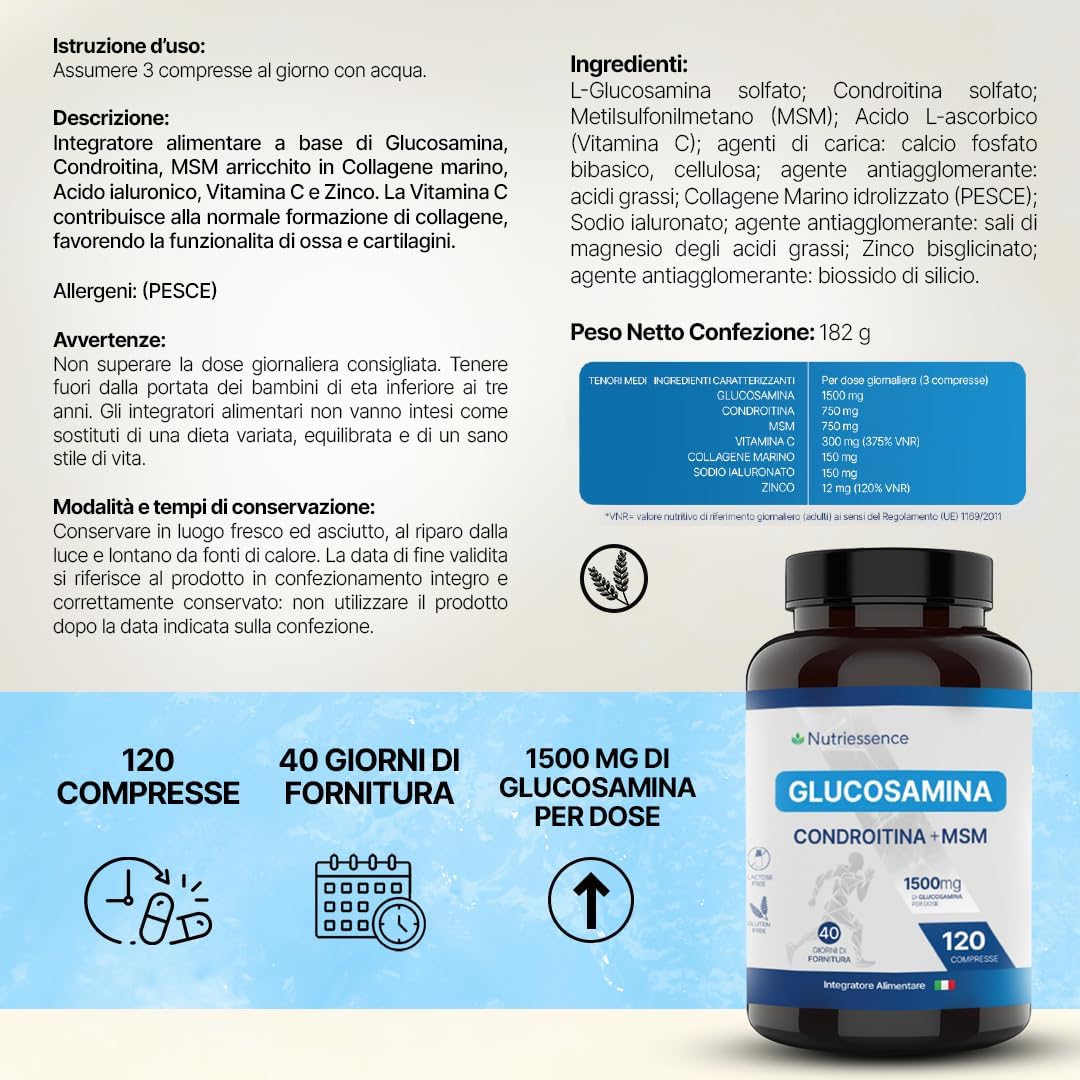 Glucosamina + Condroitina + MSM con Vitamina C, Acido Ialuronico, Collagene e Zinco|Dosaggio Extra Forte|120 Compresse Maxi Scorta|Supporto Articolazioni,Cartilagini e Ossa|Senza Glutine e Lattosio