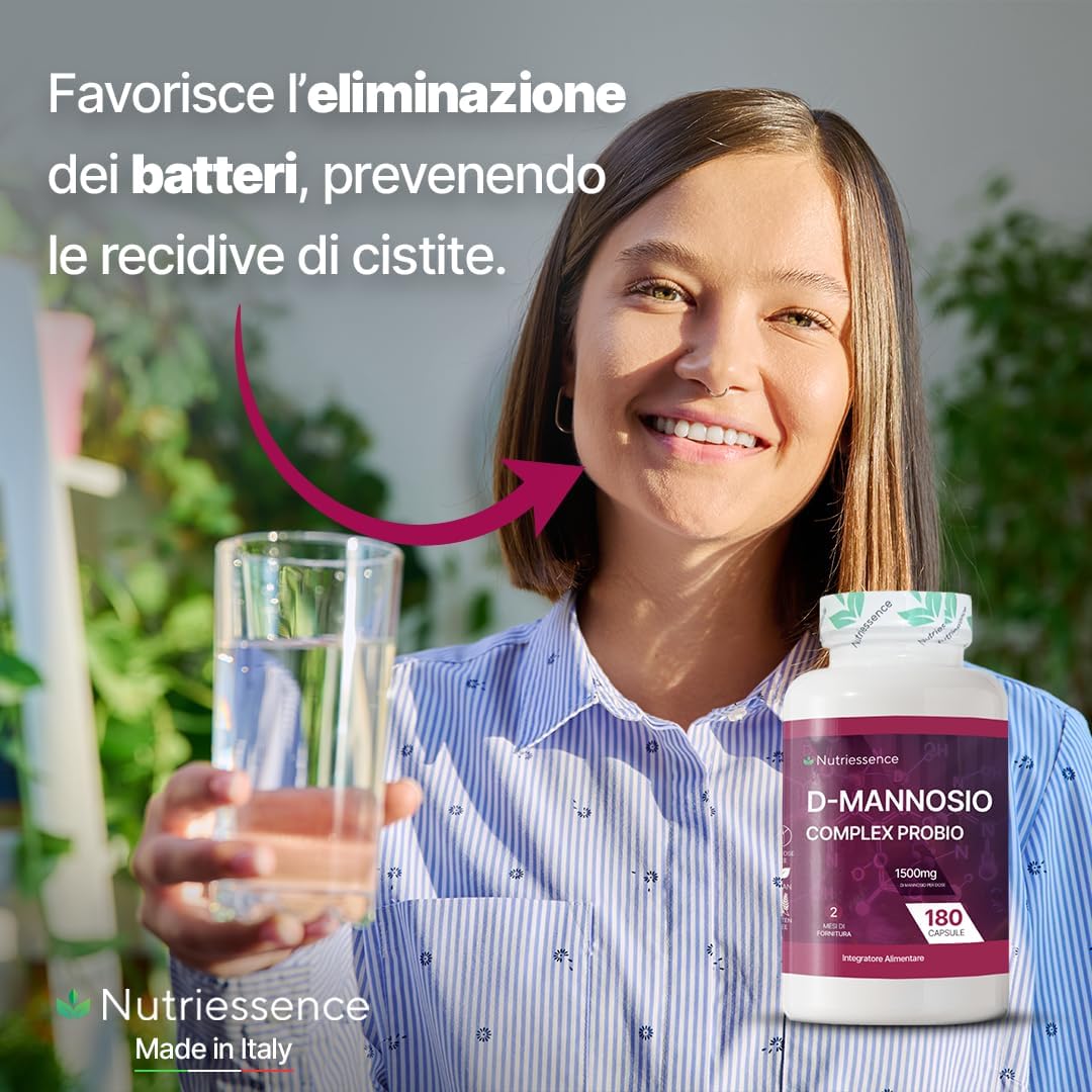 D-Mannosio Puro 100% |180 capsule | Candida,Infezioni Urinarie e Cistiti Ricorrenti | Fino a 1500 mg per Dose Giornaliera Consigliata | Integratore Cistite con Probiotici |Senza Glutine e Lattosio