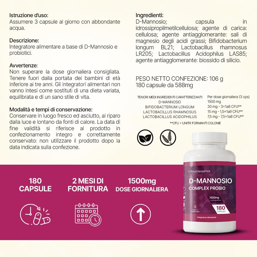 D-Mannosio Puro 100% |180 capsule | Candida,Infezioni Urinarie e Cistiti Ricorrenti | Fino a 1500 mg per Dose Giornaliera Consigliata | Integratore Cistite con Probiotici |Senza Glutine e Lattosio