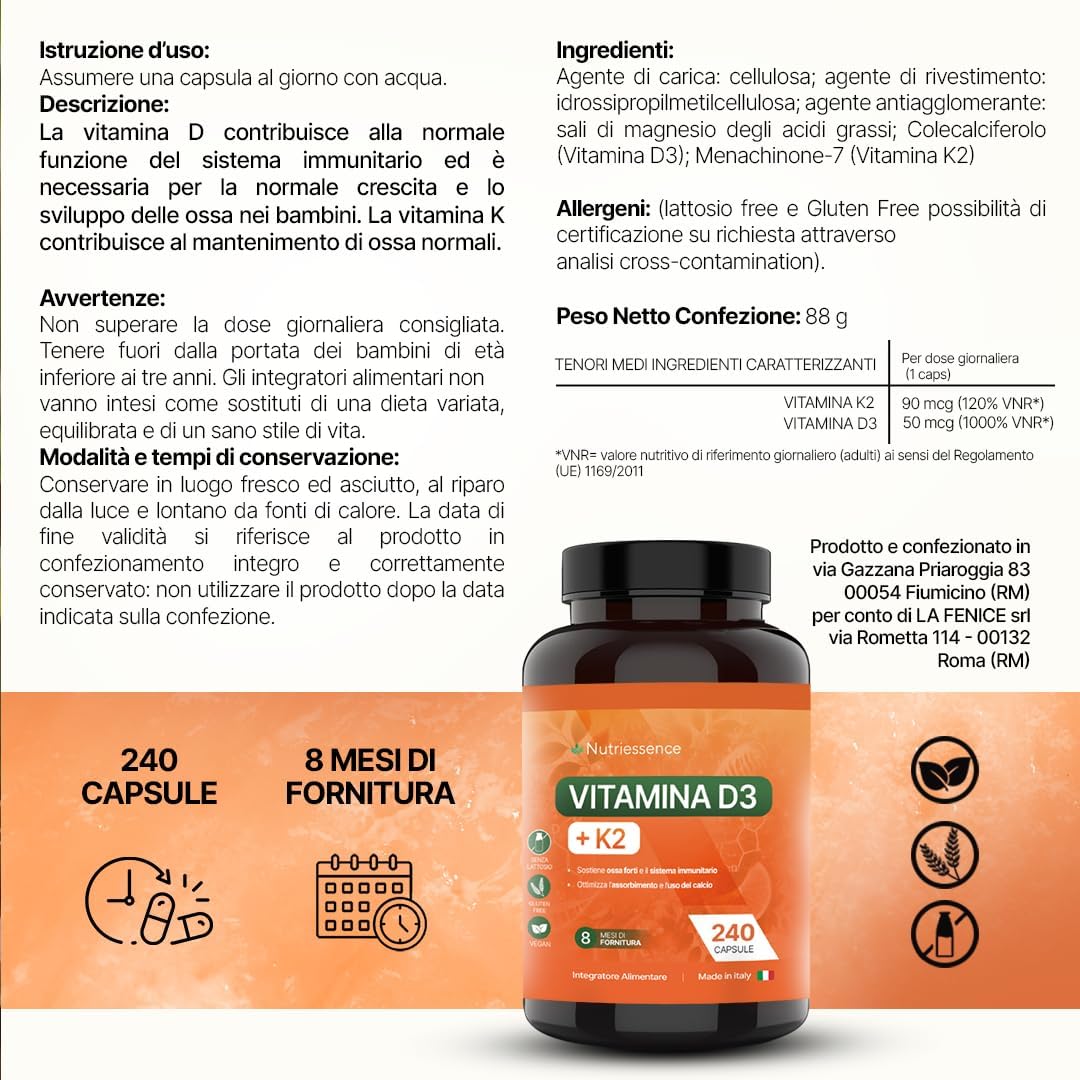 Vitamina D3 + K2 All-Trans MK-7 |Extra Dosaggio 60.000 UI Mensili | 240 Capsule | Maxi Scorta 8 Mesi | Alto Dosaggio | Supporto per Ossa, Articolazioni e Sistema Immunitario | Senza Glutine