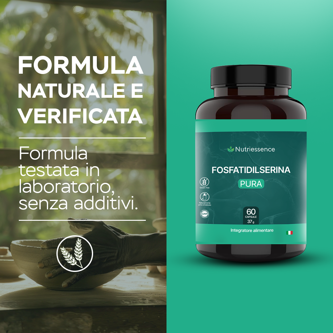 Fosfatidilserina 500 mg | Maxi Dosaggio Formato 60 Capsule | 2 Mesi di Rifornimento | Con Vitamine B1, B3, B9 e B12 | Migliora Memoria, Concentrazione e Focus Mentale |Senza Glutine e Lattosio