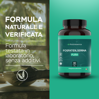 Fosfatidilserina 500 mg | Maxi Dosaggio Formato 60 Capsule | 2 Mesi di Rifornimento | Con Vitamine B1, B3, B9 e B12 | Migliora Memoria, Concentrazione e Focus Mentale |Senza Glutine e Lattosio