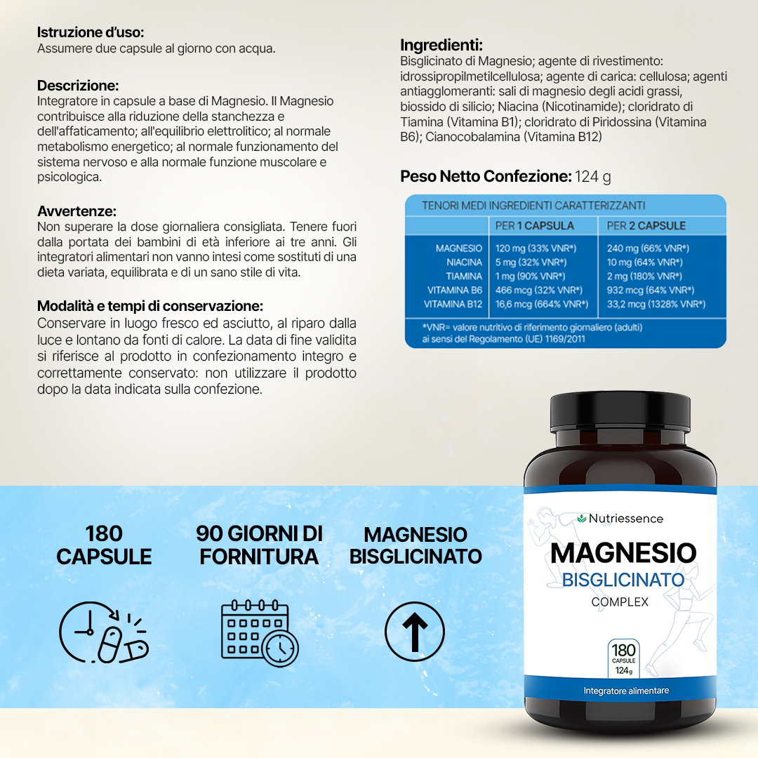 Magnesio Bisglicinato Complex |Maxi Dosaggio 180 Capsule | 3 Mesi di Fornitura | Con Vitamine B1, B3, B6, B12 | | Energia, Sistema Nervoso e Muscolare | Anti-Fatica |