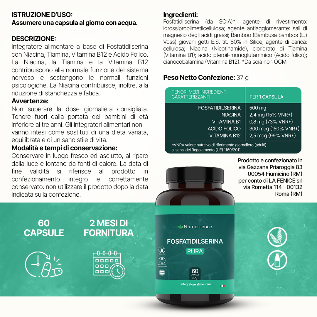 Fosfatidilserina 500 mg | Maxi Dosaggio Formato 60 Capsule | 2 Mesi di Rifornimento | Con Vitamine B1, B3, B9 e B12 | Migliora Memoria, Concentrazione e Focus Mentale |Senza Glutine e Lattosio