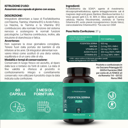 Fosfatidilserina 500 mg | Maxi Dosaggio Formato 60 Capsule | 2 Mesi di Rifornimento | Con Vitamine B1, B3, B9 e B12 | Migliora Memoria, Concentrazione e Focus Mentale |Senza Glutine e Lattosio