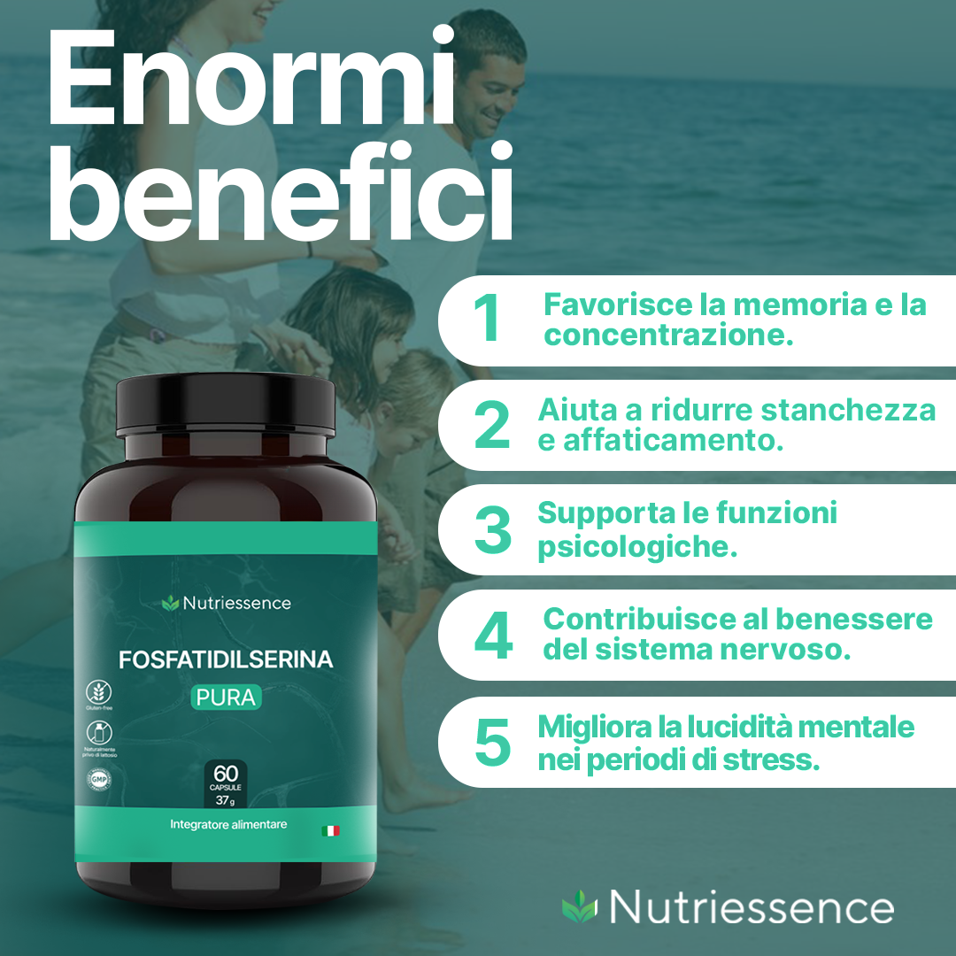 Fosfatidilserina 500 mg | Maxi Dosaggio Formato 60 Capsule | 2 Mesi di Rifornimento | Con Vitamine B1, B3, B9 e B12 | Migliora Memoria, Concentrazione e Focus Mentale |Senza Glutine e Lattosio