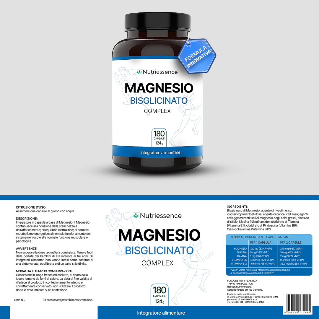 Magnesio Bisglicinato Complex |Maxi Dosaggio 180 Capsule | 3 Mesi di Fornitura | Con Vitamine B1, B3, B6, B12 | | Energia, Sistema Nervoso e Muscolare | Anti-Fatica |