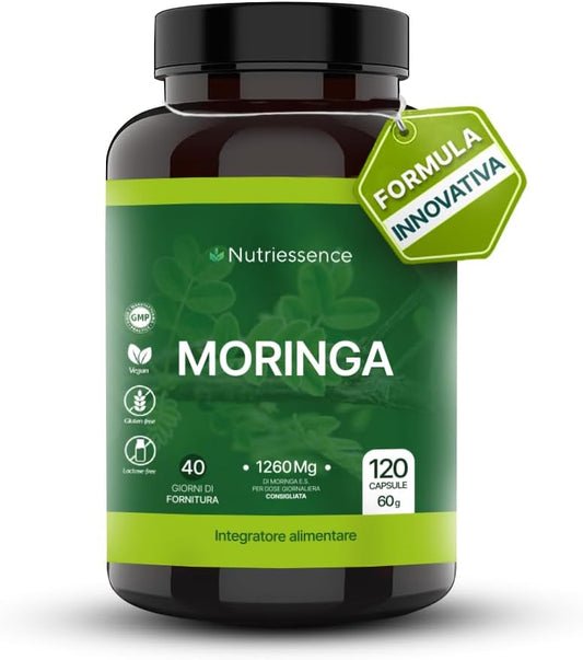 Moringa Pura 1260 mg | Maxi Formato da 120 Capsule | 1+ Mese di Rifornimento | Dosaggio Extra Biologica per Energia, Difese Immunitarie e Benessere Naturale | No Glutine e Lattosio