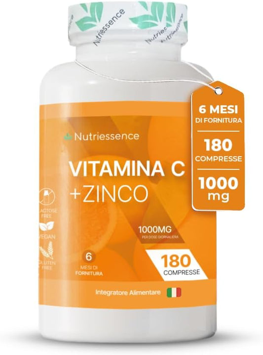 Vitamina C Pura 1000 mg Dosaggio Extra Forte con Zinco|Maxi Scorta 180 Compresse Gastroprotette|6 Mesi di Fornitura|Integratore Difese Immunitarie|Supporto Immunitario Naturale|Senza Glutine Lattosio