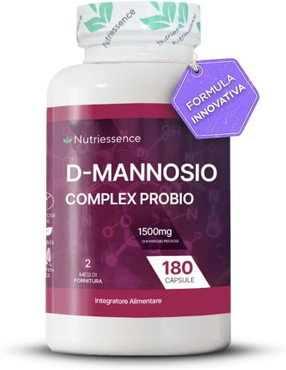 D-Mannosio Puro 100% |180 capsule | Candida,Infezioni Urinarie e Cistiti Ricorrenti | Fino a 1500 mg per Dose Giornaliera Consigliata | Integratore Cistite con Probiotici |Senza Glutine e Lattosio