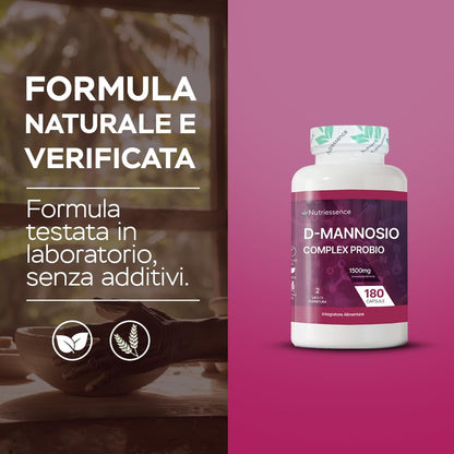 D-Mannosio Puro 100% |180 capsule | Candida,Infezioni Urinarie e Cistiti Ricorrenti | Fino a 1500 mg per Dose Giornaliera Consigliata | Integratore Cistite con Probiotici |Senza Glutine e Lattosio