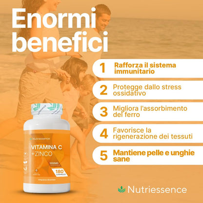 Vitamina C Pura 1000 mg Dosaggio Extra Forte con Zinco|Maxi Scorta 180 Compresse Gastroprotette|6 Mesi di Fornitura|Integratore Difese Immunitarie|Supporto Immunitario Naturale|Senza Glutine Lattosio