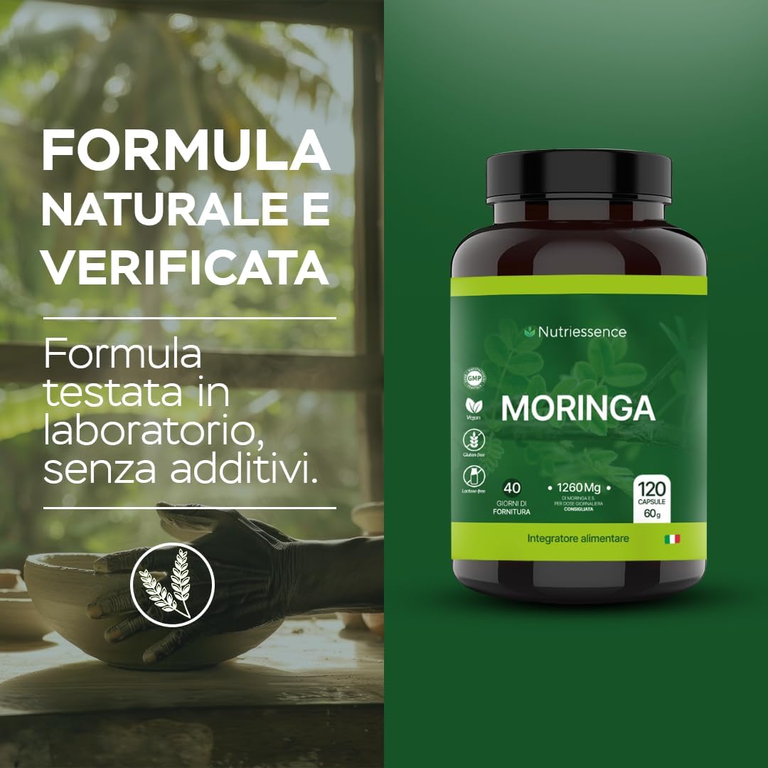 Moringa Pura 1260 mg | Maxi Formato da 120 Capsule | 1+ Mese di Rifornimento | Dosaggio Extra Biologica per Energia, Difese Immunitarie e Benessere Naturale | No Glutine e Lattosio