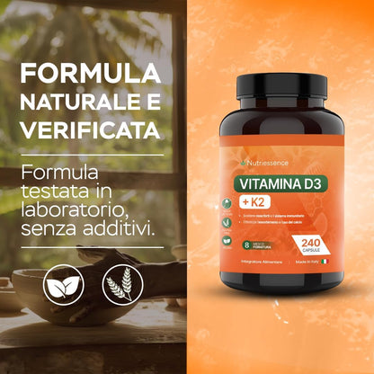 Vitamina D3 + K2 All-Trans MK-7 |Extra Dosaggio 60.000 UI Mensili | 240 Capsule | Maxi Scorta 8 Mesi | Alto Dosaggio | Supporto per Ossa, Articolazioni e Sistema Immunitario | Senza Glutine