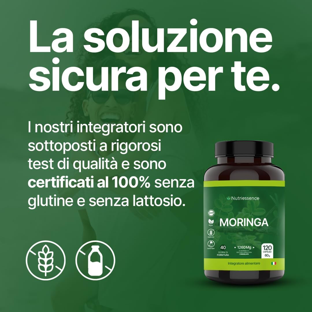 Moringa Pura 1260 mg | Maxi Formato da 120 Capsule | 1+ Mese di Rifornimento | Dosaggio Extra Biologica per Energia, Difese Immunitarie e Benessere Naturale | No Glutine e Lattosio