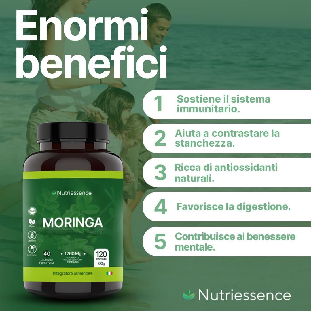 Moringa Pura 1260 mg | Maxi Formato da 120 Capsule | 1+ Mese di Rifornimento | Dosaggio Extra Biologica per Energia, Difese Immunitarie e Benessere Naturale | No Glutine e Lattosio