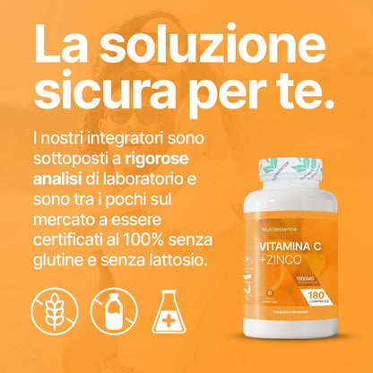 Vitamina C Pura 1000 mg Dosaggio Extra Forte con Zinco|Maxi Scorta 180 Compresse Gastroprotette|6 Mesi di Fornitura|Integratore Difese Immunitarie|Supporto Immunitario Naturale|Senza Glutine Lattosio