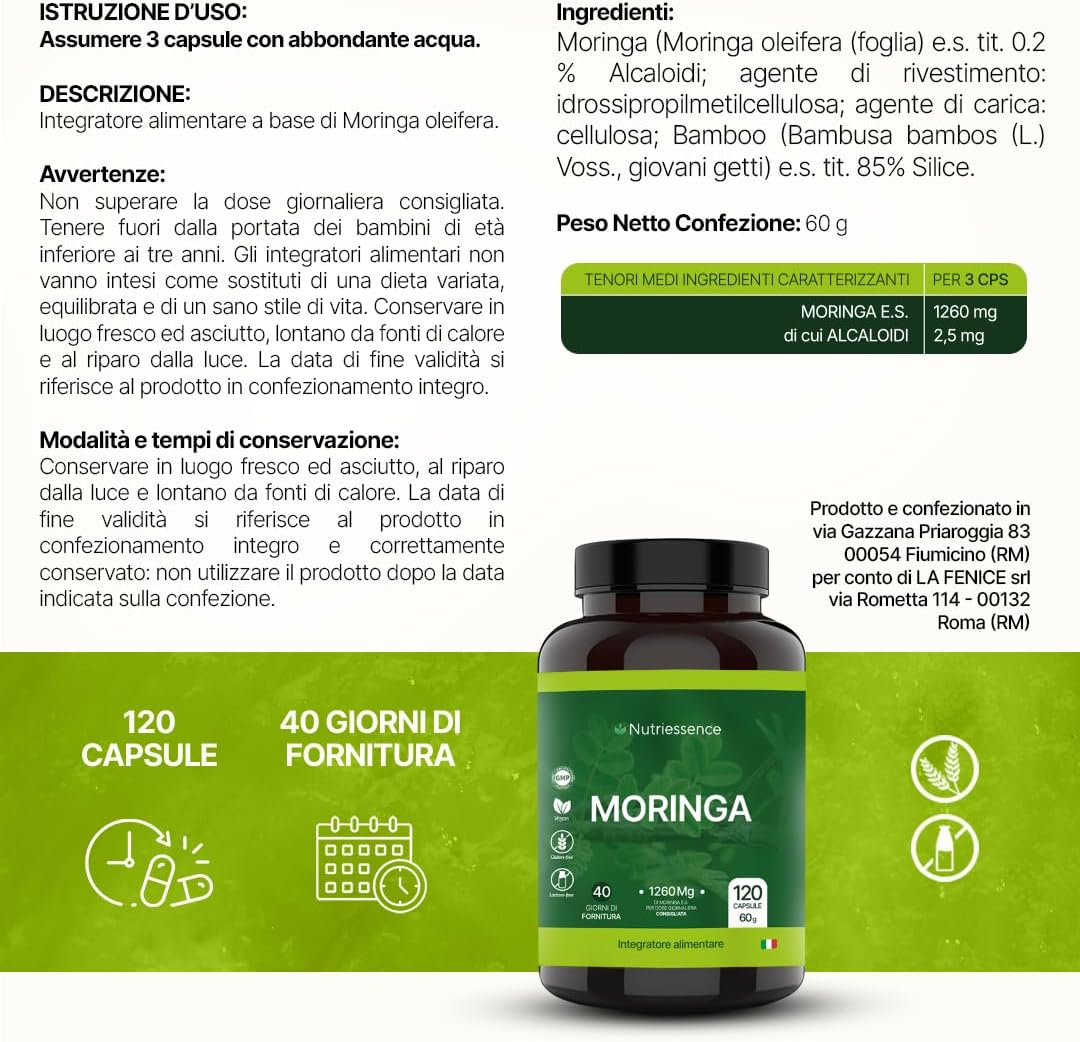 Moringa Pura 1260 mg | Maxi Formato da 120 Capsule | 1+ Mese di Rifornimento | Dosaggio Extra Biologica per Energia, Difese Immunitarie e Benessere Naturale | No Glutine e Lattosio