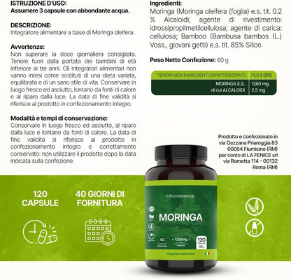Moringa Pura 1260 mg | Maxi Formato da 120 Capsule | 1+ Mese di Rifornimento | Dosaggio Extra Biologica per Energia, Difese Immunitarie e Benessere Naturale | No Glutine e Lattosio