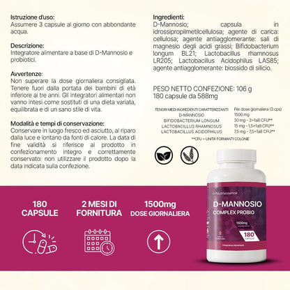 D-Mannosio Puro 100% |180 capsule | Candida,Infezioni Urinarie e Cistiti Ricorrenti | Fino a 1500 mg per Dose Giornaliera Consigliata | Integratore Cistite con Probiotici |Senza Glutine e Lattosio