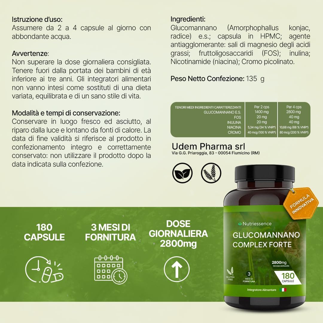 Glucomannano Puro Dosaggio Extra Forte 2800 mg |Maxi scorta 180 capsule gastroprotette|3 mesi di fornitura,Rimedio Naturale italiano|Fibra Saziante drenante .Senza Glutine e Lattosio