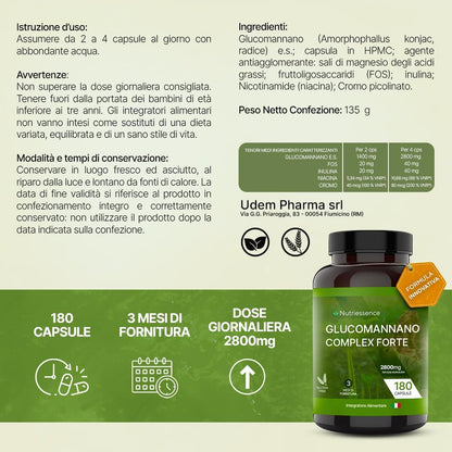 Glucomannano Puro Dosaggio Extra Forte 2800 mg |Maxi scorta 180 capsule gastroprotette|3 mesi di fornitura,Rimedio Naturale italiano|Fibra Saziante drenante .Senza Glutine e Lattosio
