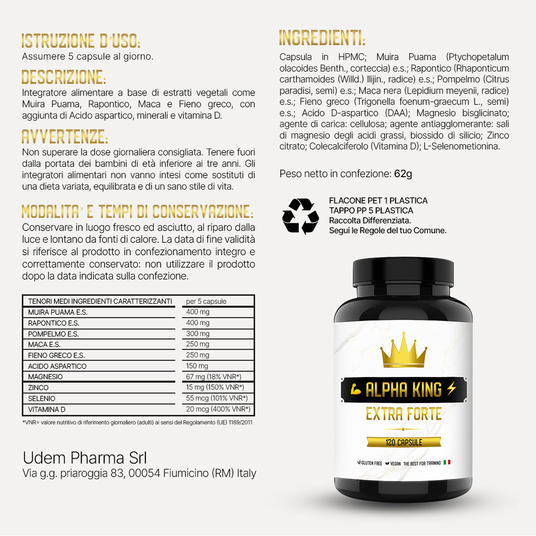 Integratore per Uomo Alpha | Migliora e ottimizza la concentrazione e Focus | Dona tonicità e vigore con Maca,Rapontico,Muira Puama,Zinco,Fieno Greco,Vitamina D