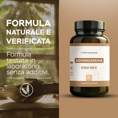Ashwagandha KSM-66® Naturale Nutriessence | 60 Capsule – Maxi Formato 2 Mesi  Naturale | Supporto per Stress, Energia e Benessere Mentale | Senza Glutine e Lattosio