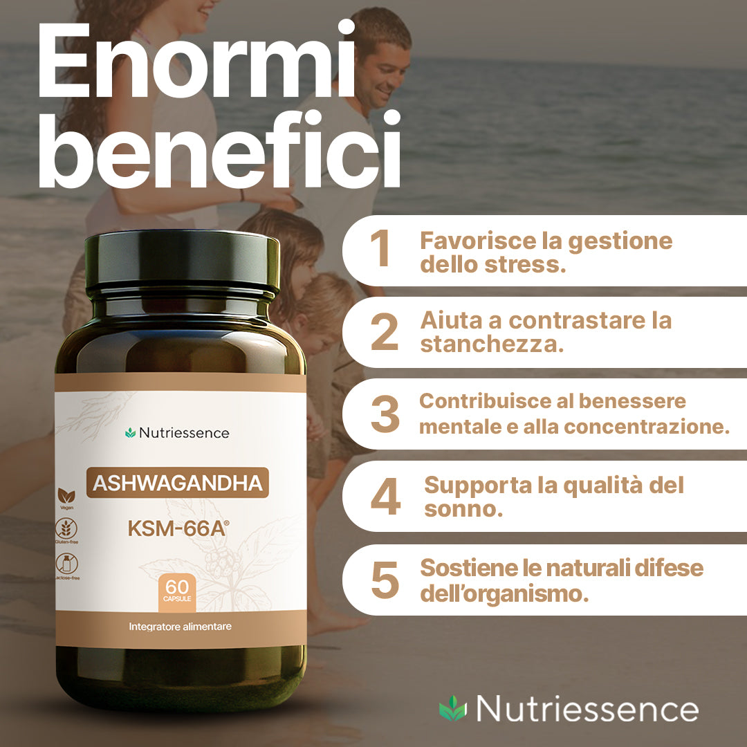 Ashwagandha KSM-66® Naturale Nutriessence | 60 Capsule – Maxi Formato 2 Mesi  Naturale | Supporto per Stress, Energia e Benessere Mentale | Senza Glutine e Lattosio