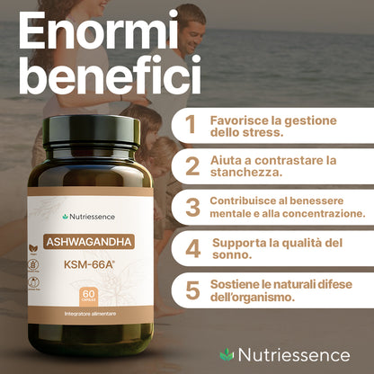 Ashwagandha KSM-66® Naturale Nutriessence | 60 Capsule – Maxi Formato 2 Mesi  Naturale | Supporto per Stress, Energia e Benessere Mentale | Senza Glutine e Lattosio