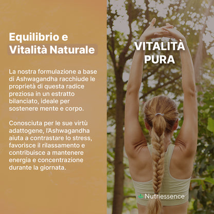 Ashwagandha KSM-66® Naturale Nutriessence | 60 Capsule – Maxi Formato 2 Mesi  Naturale | Supporto per Stress, Energia e Benessere Mentale | Senza Glutine e Lattosio