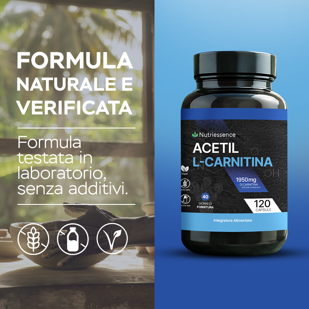 Acetil L-Carnitina Alta Concentrazione 1950 mg | 120 Compresse Maxi Formato 2 Mesi | Integratore per Metabolismo, Energia , Funzione Cognitiva e concentrazione | Senza Glutine e Lattosio