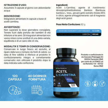 Acetil L-Carnitina Alta Concentrazione 1950 mg | 120 Compresse Maxi Formato 2 Mesi | Integratore per Metabolismo, Energia , Funzione Cognitiva e concentrazione | Senza Glutine e Lattosio