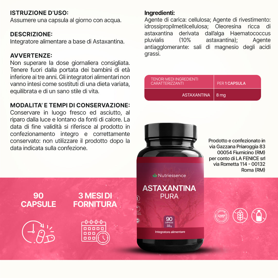 Astaxantina Naturale Pura Dosaggio Max| 90 Capsule – Antiossidante Potente da Haematococcus Pluvialis | Anti-Età, Protezione Cellulare e Pelle Sana | Senza Glutine e Lattosio